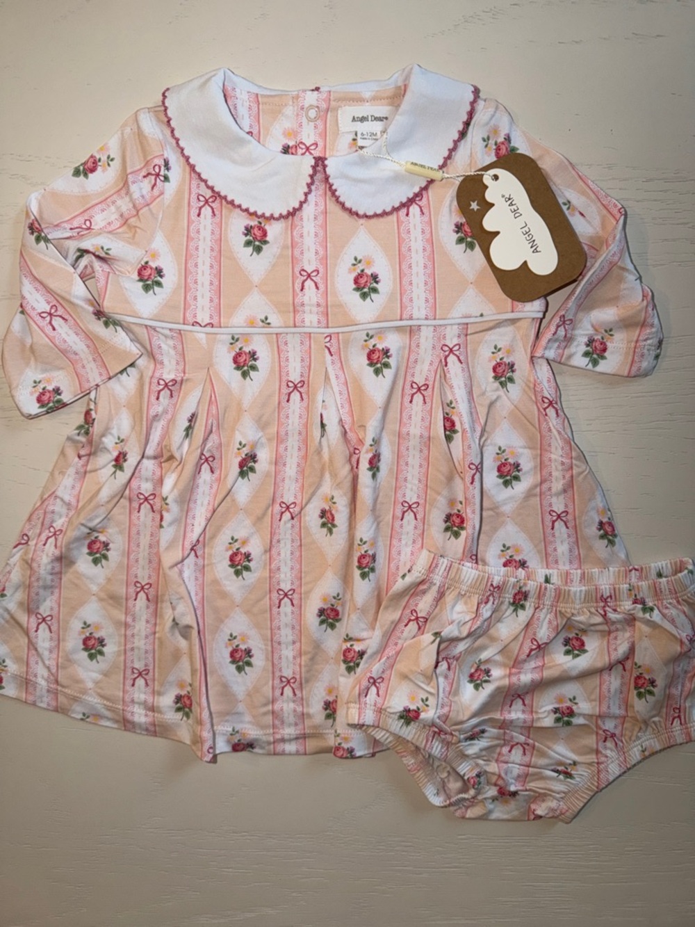 Angel Dear Pink Floral Bow Dress with Bloomer 3-6 6-12 12-18 18-24 months